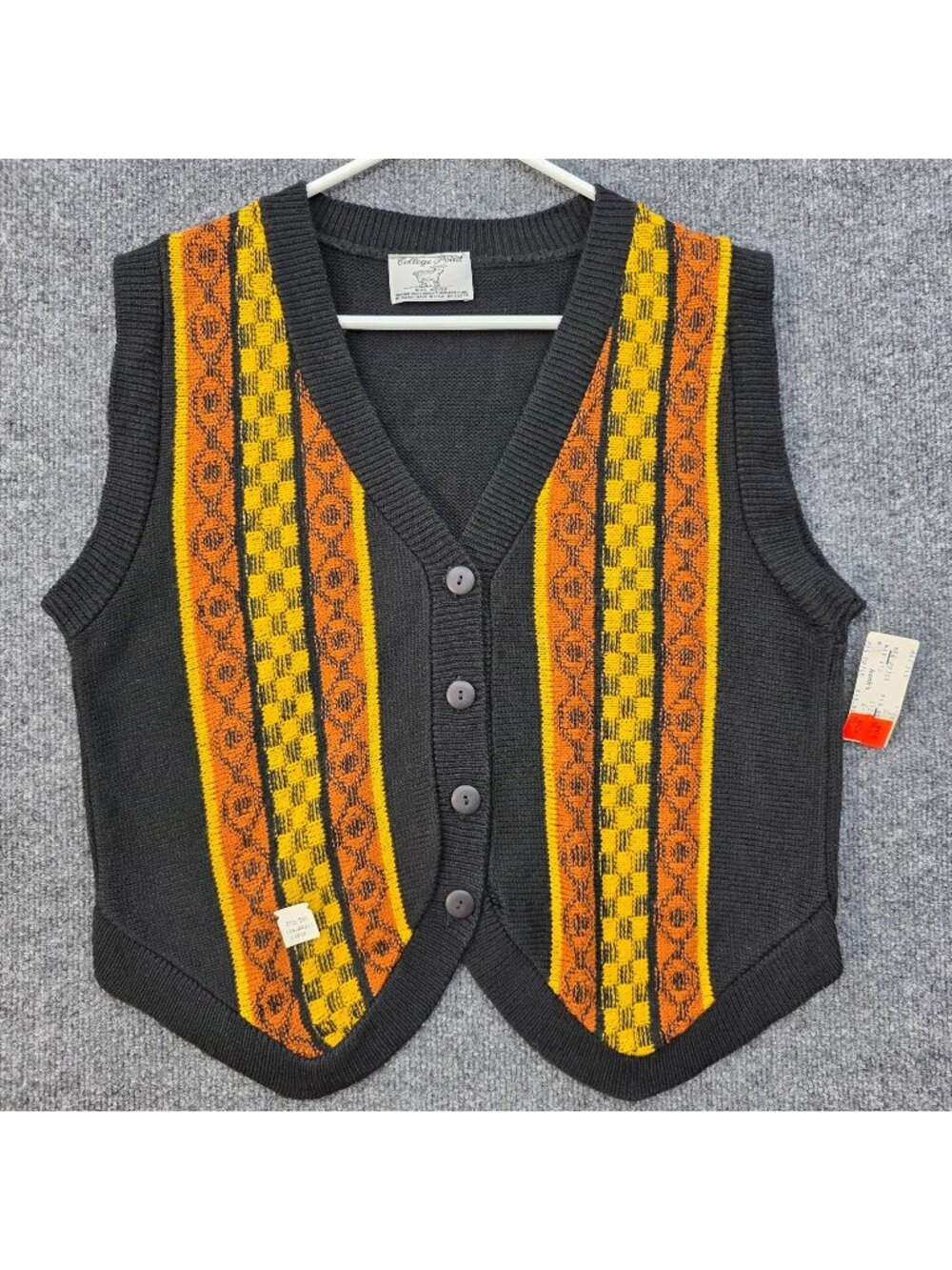 Vintage 70s College Point Sweater Vest L Black USA Geo Boho Retro Grandpa Artsy